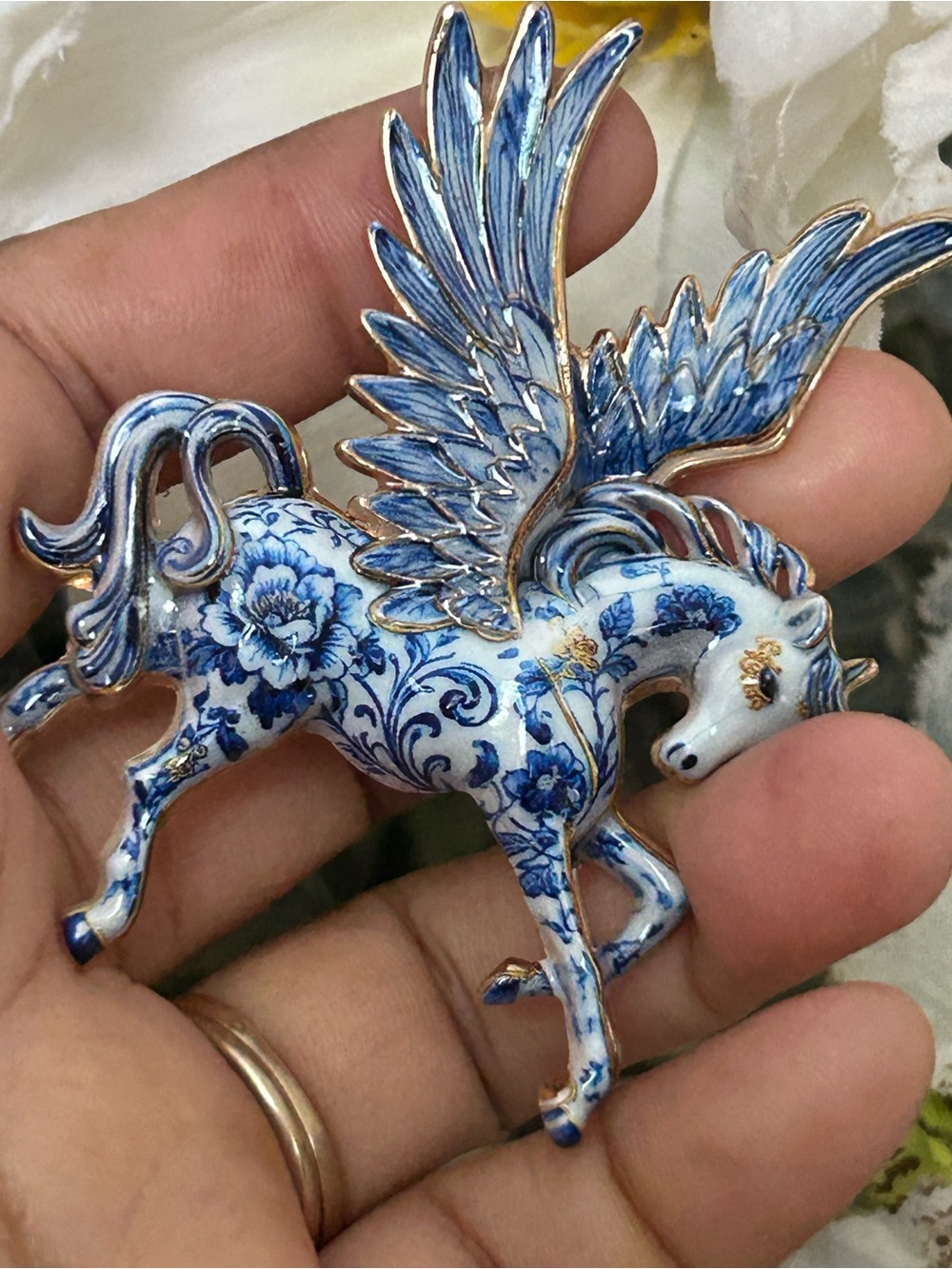 Blue Floral Pegasus enamel brooch